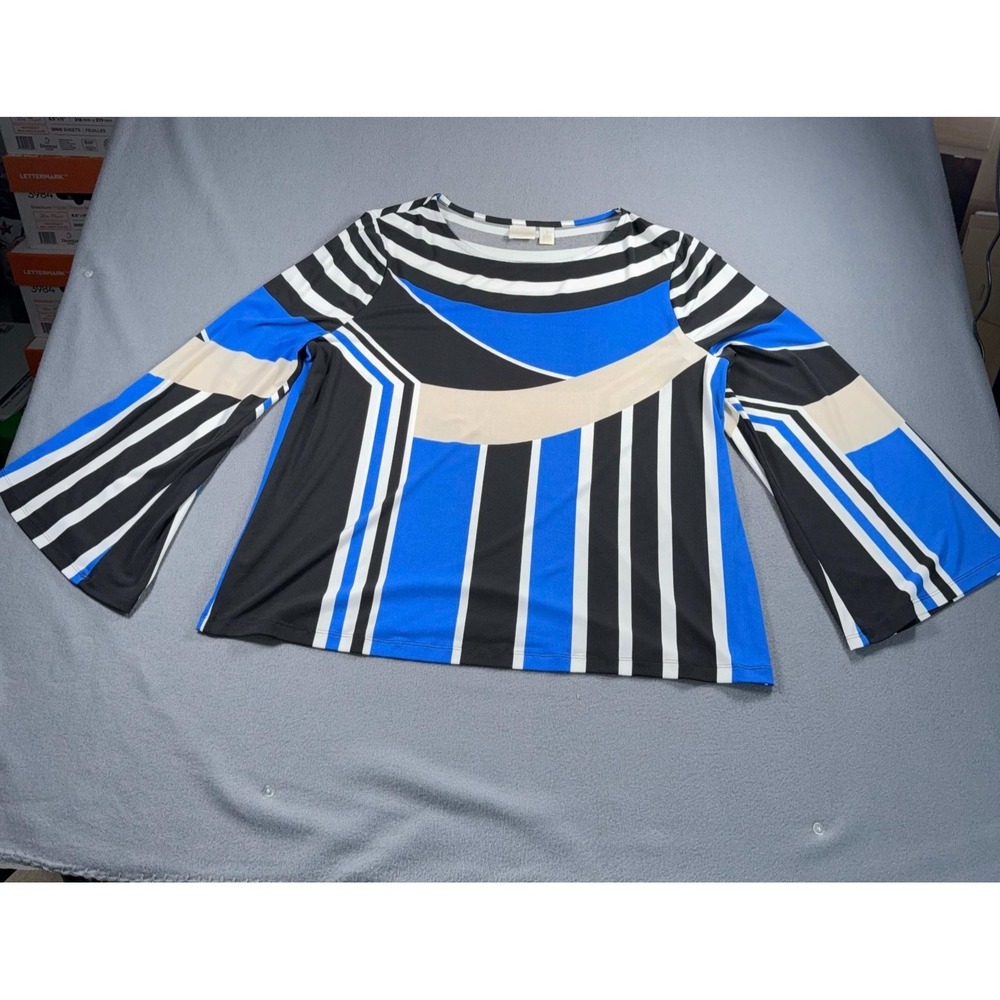 Chicos Size 3 Abstract Geometric Print Tunic Topโ Blue Black White Long Sleeve